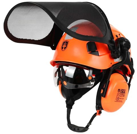 GREEN DEVIL Casque de protection pour tronçonneuse - Certifié EN397 - Système 5 en 1 avec protection du visage en maille - Visière et cache-oreilles intégrés - Ventilé - Pour le travail du bois et le