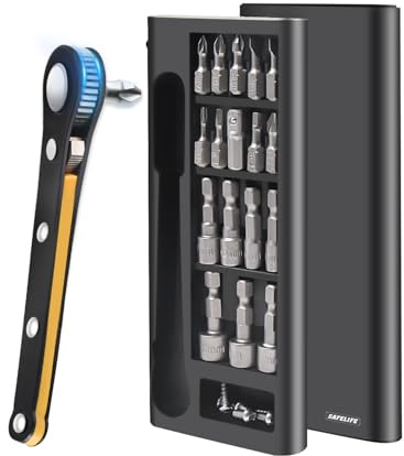 SAFELIFE 24in1 Right Angle Ratcheting Screwdriver Set, Low Profile Mini Ratchet Screwdriver, 90 Degree Offset Reversible Drive Handle & Multi Hex Bits Set
