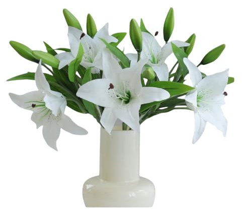 OUKEYI Fiori artificiali di giglio pasquali, gigli tigri finti al tatto, bouquet per matrimoni, casa, giardino, hotel, decorazione (6, bianco)