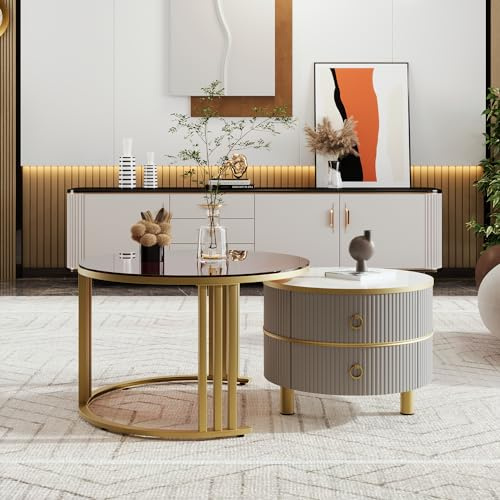 Jaxenor Nest of Tables Set of 2 with 1 Tempered Glass Tabletop, Round Coffee Tables for Living Room, 2 in 1 Small Coffee Table with Storage, Brown+Grey
