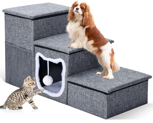 Bilibrara Hundetreppe für kleine Hunde, faltbare Haustiertreppe für Hochbett, rutschfeste 3-stufige Katzentreppe mit Stauraum, Wohnraum und flauschigem Ball, große Hunderampe für den Innenbereich, für