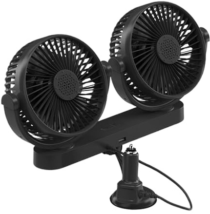 Xvilmaun USB Car Fan - Electric Car Fan Double Head - 360 Degree Rotatable 12V 24V Cooler, Cool Gadgets Suction Cup Vehicle Accessories for RV Sedan Van