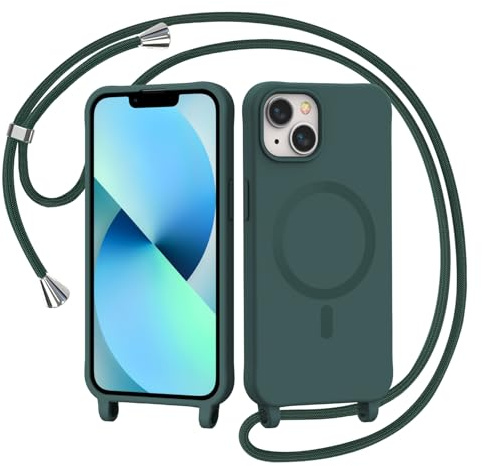AOMYKE Handyband für iPhone 13 / iPhone 14 Hülle mit Band, Magnetisch Handyhülle kompatibel mit Magsafe zum Umhängen Schutzhülle mit Kette Kordel Weich TPU Liquid Silikon Case，Grün