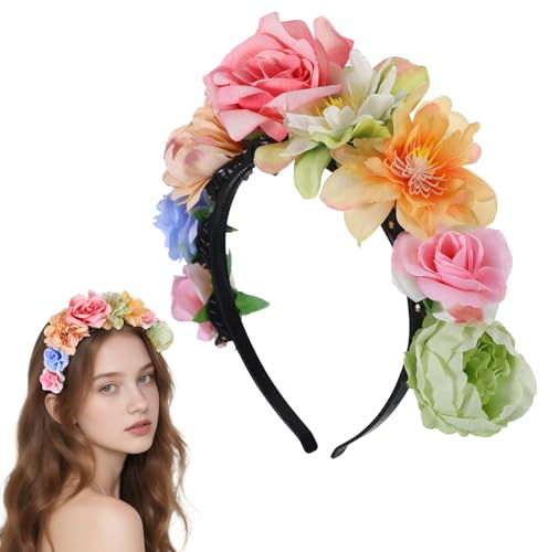 Blumen Haarreif Karneval Damen Blumenkranz Haare Haarreifen Kopfschmuck mit Blumen für Frauen, Haarschmuck Kostüm Damen Farbenfroher Blumenhaarreif Haarreif Fasching Festival Accessoire