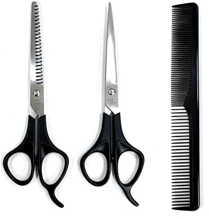 LifgWas 3PCS Ciseaux Coiffure - Ciseaux à Cheveux en Acier Inoxydable Affûtés pour Femmes, Hommes, et Animaux avec Cheveux Ciseaux Désépaissir et Peigne - Noir