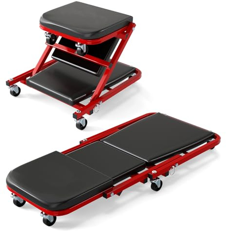 GYMAX Camilla Mecánico Taller Patín, Taburete de Taller 2 en 1 y Patín de Montaje, Camilla de Montaje con Capacidad de 150 Kg, 6 Ruedas Giratorias 360°, Asiento Rodante con Función de Cama