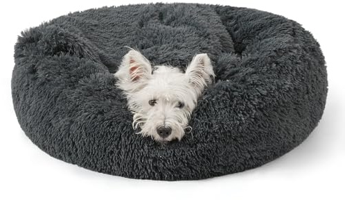 NOYAL Calming Donut Dog Bed, Hooded Cave with Blanket | Soft plush faux fur, machine washable, anti-anxiety burrow cave