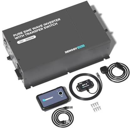 Renogy 2000W Inverter Pure Sine Wave, 4000W Peak 12V DC to 230V AC Solar Power Converter with Automatic Transfer Switch, BT-2 and Remote Control for Off-grid, RV, Truck, Boat, Camping, and Home