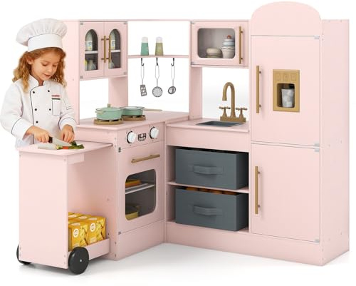 COSTWAY Cuisine d'angle Enfant avec Comptoir Rétractable et Lumières et Sons, Cuisine Enfant en Bois avec Réfrigérateur et Machine à Glaçons, Accessoires Riches, Jeu d'imitation pour 3 Ans+ (Rose)