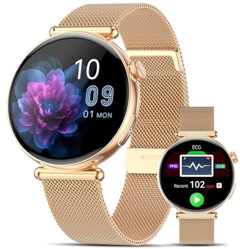 2026 Neu Smartwatch Damen mit EKG/ΒΙυtｚυcker/HRV/BMI,1,32AOD Gesundheitsuhr AI-Zifferblatt & AI-Smart-Q&A,Bluetooth Anrufe/SpΟ₂/Apnoe/Puls/Blutdruck/Schlaf/Stress,100+Sportmodi Klein Runde Fitnessuhr