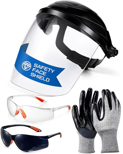 Tellegloww 1 juego de protector facial de seguridad para moler y cortar, guante recubierto de nitrilo con agarre, 2 gafas de seguridad (transparente y gris), protección completa gruesa para