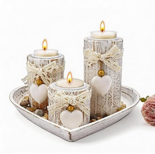 3-teiliges Holz Tablett & Teelichthalter Set - Herzförmiger Holzdeko Tablett für Weihnachten, Hochzeit & Esstischdekoration