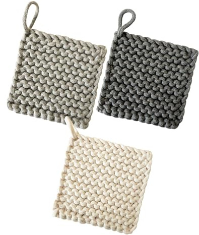 Tappetino Isolante Quadrato in Cotone 3 Pezzi Lavorato a Mano | Stile Boho Intrecciato, Texture Antiscivolo, Protezione Forte per Cucina e Feste
