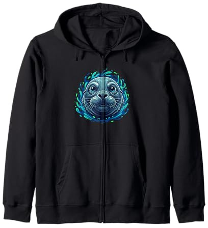 Adorable Seal Face Ocean Waves Marine Life Zip Hoodie