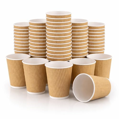 EcoWise 8oz Ripple Wall Disposable Coffee Cups – Pack of 50, Brown Kraft Paper Hot Beverage Cups, Eco-Friendly Recyclable Paper-Takeaway Coffee Cup for Cafes, Office & Catering