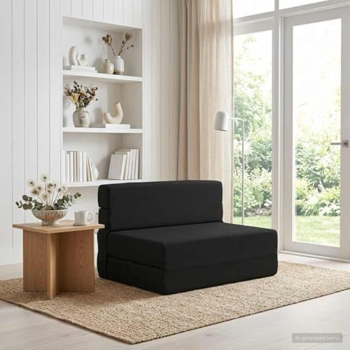 Kaloriko Fällbar soffa, säng, svart tyg, 70 x 80 x 60 cm, vikbar bäddsoffa med 2-i-1-funktion som soffa och bäddmadrass, utrymmesbesparande för vardagsrum, gästrum och kontor, mjukt polyestertyg