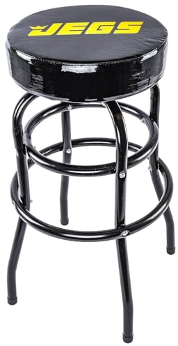 JEGS Heavy Duty Bar Stool - 28.5 High with 14 Inch 360 Degree Swivel - Vinyl Padded Logo Seat - Up to 300lb Capacity for Garage and Workshop