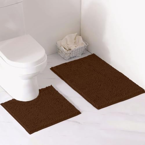 LuxUrux Bath Mat, Luxury Chenille (2-Piece) Bath Mat Set, Soft Plush Anti-Slip Bath Rug + Toilet Mat.1'' Microfiber Shaggy Carpet, Super Absorbent (Curved Set Small, Brown)