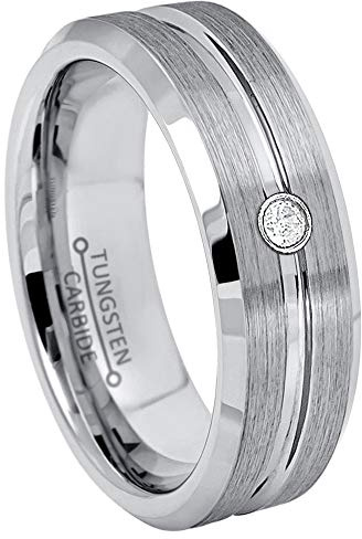 Jewelry Avalanche 7MM Brushed Grooved Center Beveled Edge Tungsten Carbide Wedding Band - 0.07ct Diamond Tungsten Ring - April Birthstone Ring -10
