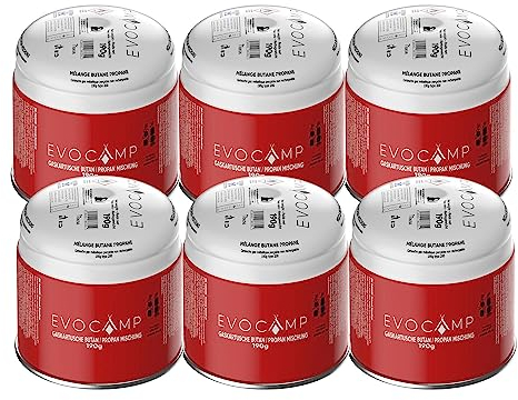 EVOCAMP 6X Stechkartuschen 190g, Propan Butan Gaskartuschen mit integriertem Gas Lock System, Gas Kartusche mit Camping Gas geeignet für Gaskocher, Campingkocher, Gasbrenner, Kohleanzünder, Lötlampe