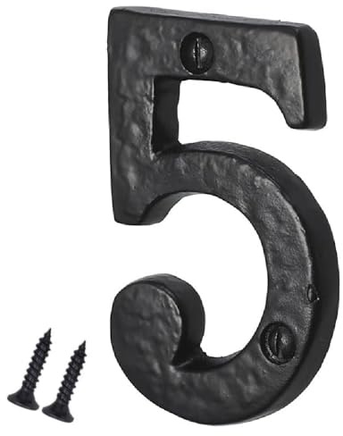 Antique Black Cast Iron Door Number 5, 75mm with Screws | 75mm antique black cast iron Number 5 house numeral with matching screws for front door displays.