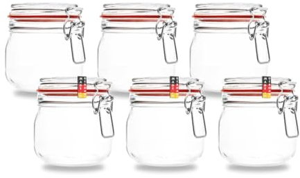 Flaschenbauer- 6 Drahtbügelgläser 634ml verwendbar als Einmachglas und Fermentierglas, zu Aufbewahrung, Gläser zum Befüllen, Leere Gläser mit Drahtbügel mit Roten Dichtungsringen - made in Germany