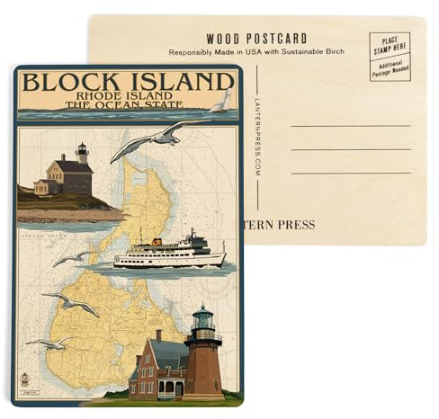 Block Island, Rhode Island, Nautical Chart with Ferry (4x6 Birch Wood Postcards, 2-Pack Stationary, Rustic Home Wall Decor)