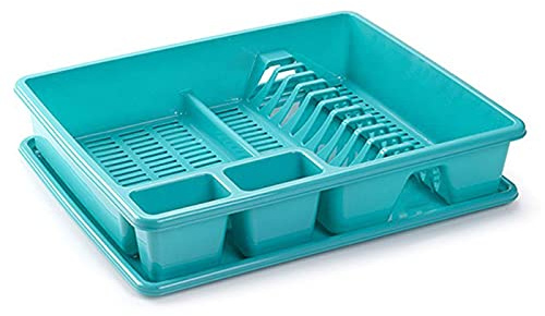 Tradineur - Escurreplatos rectangular de plástico con bandeja anti goteo 9 x 48 x 38 cm, escurridor de platos, soporte, organizador, estante para vajilla de cocina, color aleatorio