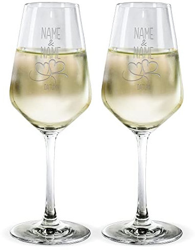 Wein-Glas mit Gravur - Herzen - mit Namen & Datum selbst gestalten - Weißwein-Gläser graviert für Paare, Geschenk Valentinstag, Hochzeit, Weihnachten, 2er-Set
