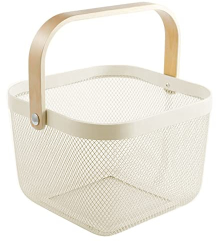 AJIODA Metal Mesh Steel Basket, Storage Organizer, Multi-functional Hanging Kitchen Baskets, Fruit Basket Bin with Bamboo Handle, Beige