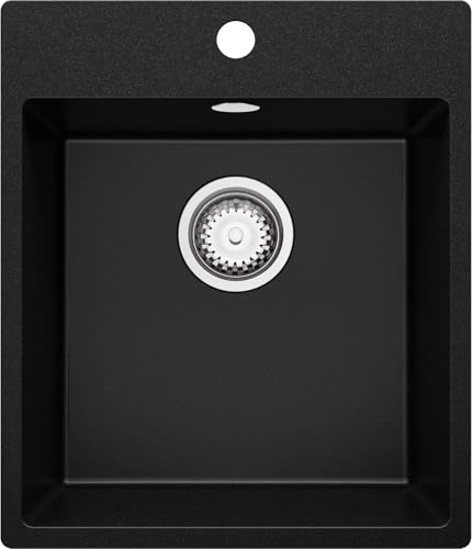 PRIMAGRAN Evier Cuisine en Granit au Meuble 45cm + Kit de Vidage, 43x50cm | Set: Kit de Vidage (Siphon, bonde d’évacuation, trop-plein) + Lavabo 1 Bac - Riga, Noir