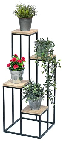 DanDiBo Blumentreppe Metall Schwarz Holz 90 cm Pflanzentreppe Blumenständer 96349 Blumensäule Modern Pflanzenständer Blumenhocker