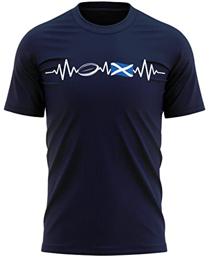 Scotland Flag Heartbeat Rugby T Shirt Mens Scottish Football Rugby Supporter Tee Top, L, Navy