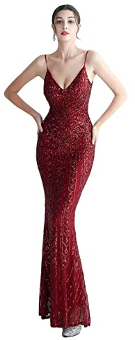 Damen Lang Abendkleid Glänzend Meerjungfrau Cocktailkleid Formales Abschlussball-Partykleid V-Ausschnitt Maxi Länge Pailletten Bridesmaid Dress,Red,M(40)