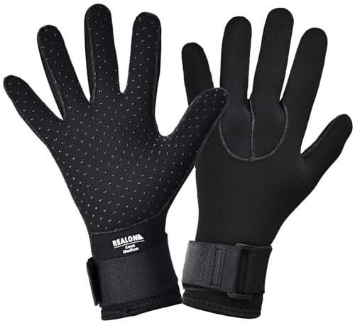 REALON Scuba Diving Neoprene Wetsuit Gloves Men Women 5mm Warm with Five Finger in Cold Water Sports Elastic Wrist Band Anti Slip for Paddling Swimming Fishing Sailing Waterski Kayaking