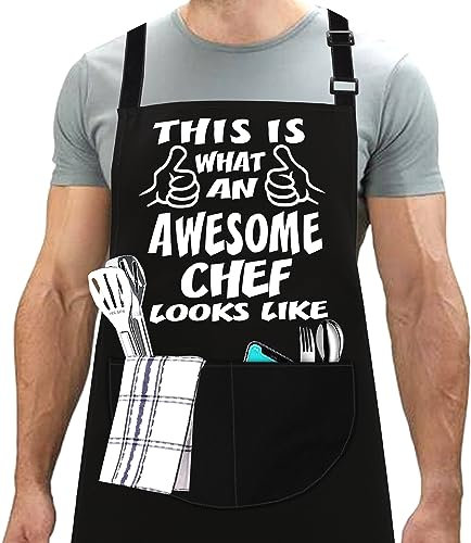 LINEN CLOSET® Bbq Aprons for Men Funny Aprons Awesome Chef Funny BBQ Cooking Novelty Apron with 2 Front Pockets -Awsome Chef Apron
