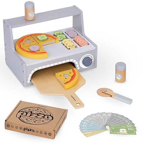 Mamabrum Set de Cuisson Pizza en Bois - Four, Morceaux de avec Velcro, Spatule, Coupe-Pizza - Jeu de Rôle Cuisine Italien 28,5 cm - Jouet Éducatif 3+ Ans (7 Pièces)
