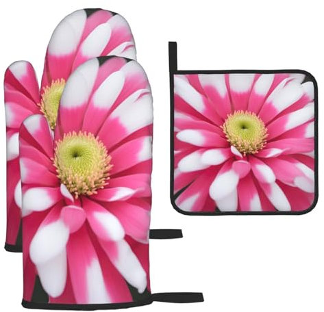 Ofenhandschuhe und Topflappen, widerstandsfähige, rutschfeste Grillhandschuhe für Küche, Kochen, Backen, Grillen, rosa und weißer Blumendruck