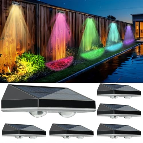 hixyer Solar Fence Lights 6 Pack, Solar Wall Lights Outdoor Garden 8 Modes Warm White & RGB Colors Waterproof Solar Lights for Outside, Backyard, Patio, Deck, Stair, Step, Railing