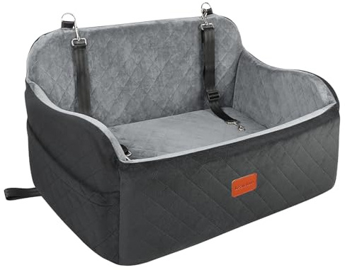 Lealchum Dog Car Seat Up to 55lb,2 Clip-On Safety Adjustable Leashs Car Dog Bed for 2 Small Dogs,Fully Detachable and Washable Pet Car Seat with 2 Storage Pockets,Easy to Install(Black/Grey, Large)