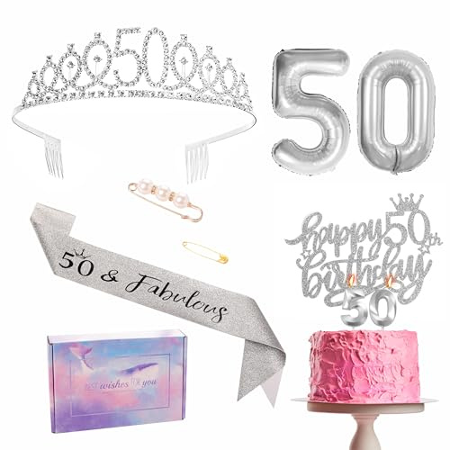 50th Birthday Decorations Set Silver 50th Birthday Sash and Tiara Party Crown, Cake Topper and Candles, Foil 50 Number Balloons, Party Supplies, 50th Year Old Gifts for Her Women
