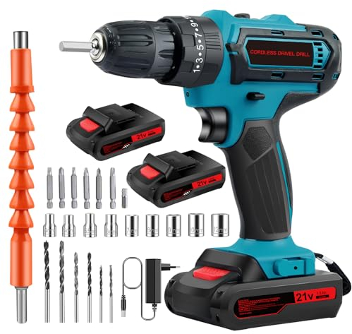 21V Akkuschrauber Set, Akku Schrauber, Akku Bohrmaschine, Akku Bohrschrauber Set mit 2 Akkus und 24 Zubehöre, 25+3 Drehmoment, 2 Geschwindigkeiten, LED-Licht für Heim- und Garten-DIY-Projekt (Blau)