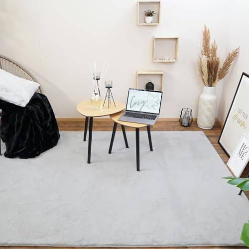 Consilio Concept Cozy Fellteppich 200x290 grau Teppich Supersoft 28 mm Höhe Soft weich Hasenfell Imitat Silber Wohnzimmerteppich Kinderzimmerteppich Küchenteppich Flurteppich
