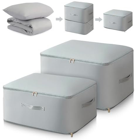 2 Stück Platzsparender Selbstkomprimierender Organizer, Aufbewahrung Komprimierender Beutel, Große Aufbewahrungstasche für Bettdecken, Komprimierender Organizer für Kleidung Decken (Grau, L+XL)