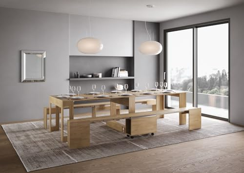 Imago Factory Lover - Console extensible avec bancs inférieur et supérieur, table salle à manger (jusqu'à 302 cm), meuble d'entrée moderne, Made in Italy (chêne nature)