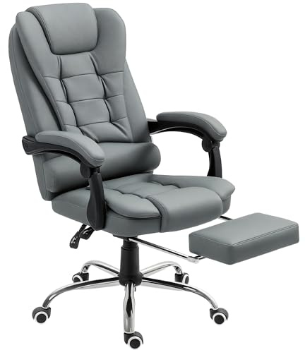 HOMCOM Sedia da Ufficio Ergonomica Presidenziale in Pelle PU, Poltrona da Ufficio Girevole con Schienale Alto Reclinabile 145°, Altezza Regolabile e Poggiapiedi Estraibile, Grigio