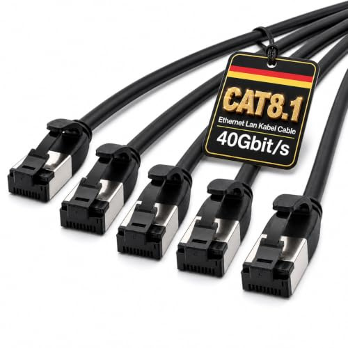 1aTTack.de Cable de red Cat 8.1 (0,5 m, 5 unidades, Cat 8, cable Ethernet con conector RJ45, delgado y fino, con velocidad de transferencia de 40 Gbps, color negro, 0,5 m)