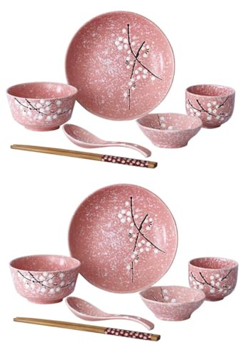 Garneck Juego De Vajilla y Cubiertos De Cerámica Japonesa Rosa Hogar, 12 Piezas (2 Cuencos, 2 Platos, 2 Bandejas, 2 Tazas, 2 Cucharas, 2 Palillos), Apto Para Cenas, Fiestas y Uso Diario