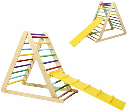 HOMFME 2 in 1 Kids Climbing Frame, Children Wooden Montessori Climber Triangle Set with Reversible Ramp, Indoor Toddler Climbing Toys Ladder for Boys Girls (Colorful)