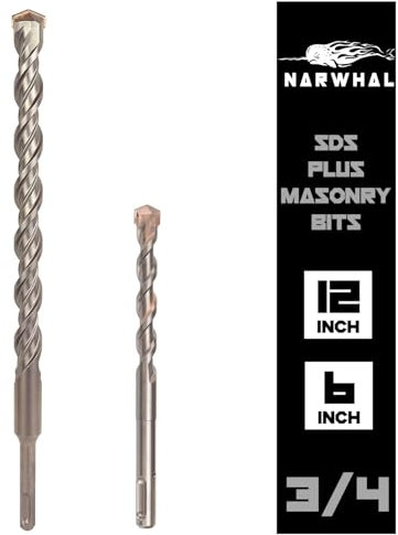 Narwhal SDS Plus 3/4 Inch Masonry Drill Bit for Rotary Hammers (2 Pack Includes 6 & 12 Bit) Carbide Tipped to Easily Drill Through Concrete, Cement, Brick, Block, Stone, and More!